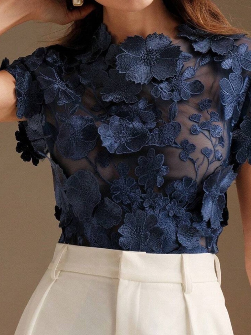 Women’s Navy Floral Appliqué Sheer Blouse